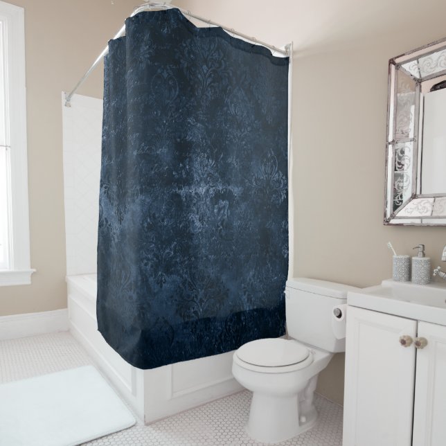 Velvety Navy Damask | Dark Blue Grunge Baroque Shower Curtain (In Situ)