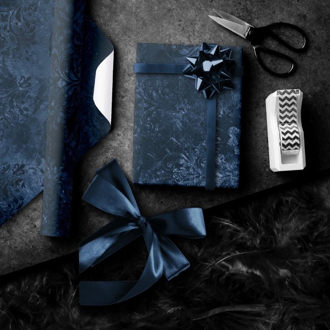 Velvety Navy Damask | Dark Blue Grunge Baroque Wrapping Paper (Creator Uploaded)