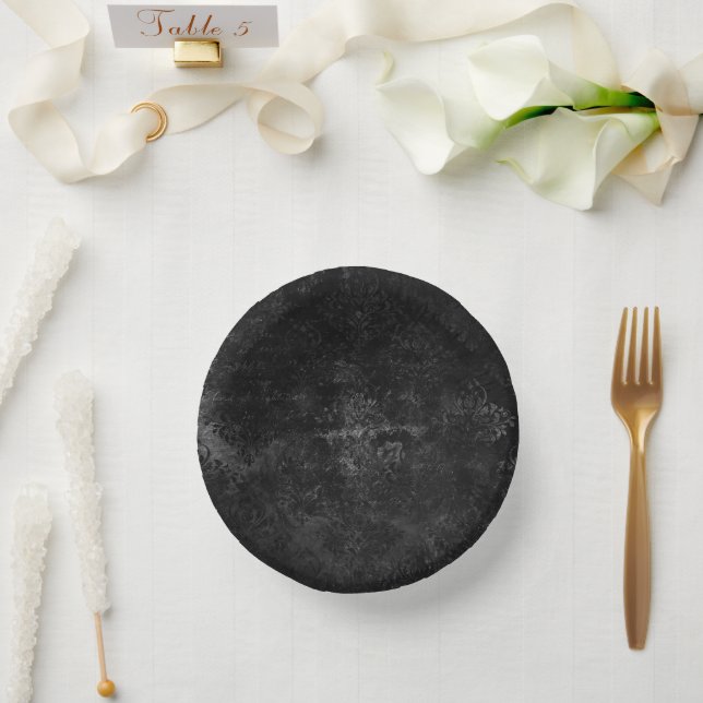 Velvety Onyx Damask | Black Vampy Grunge Baroque Paper Plate (Wedding)