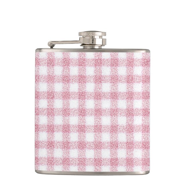 Velvety Pink and White Gingham Charm Hip Flask (Front)