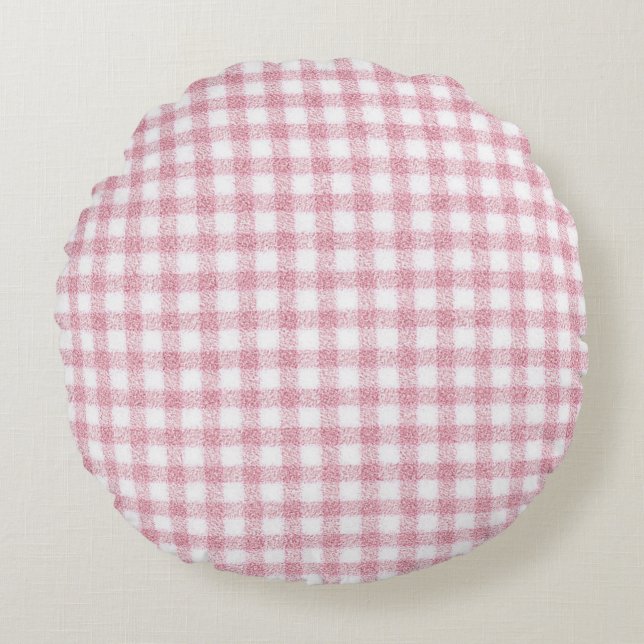 Velvety Pink and White Gingham Charm Round Cushion (Front)