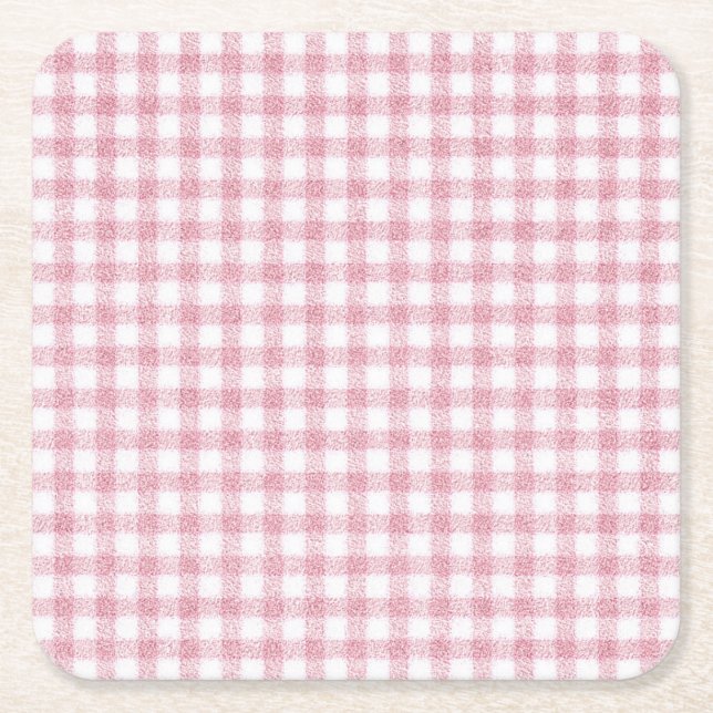 Velvety Pink and White Gingham Charm Square Paper Coaster (Front)