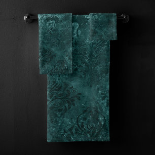 Velvety Teal Damask   Dark Green Grunge Baroque Bath Towel Set