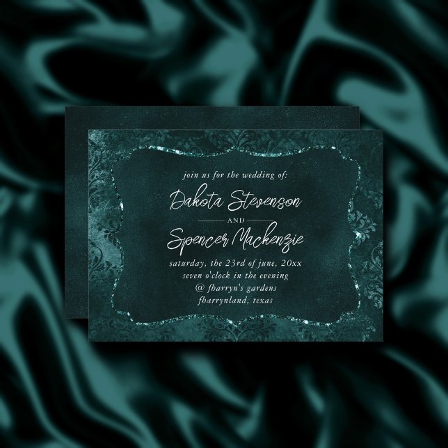 Velvety Teal Damask | Dark Green Grunge Baroque Invitation (Creator Uploaded)
