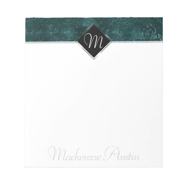 Velvety Teal Damask | Dark Green Grunge Baroque Notepad (Front)