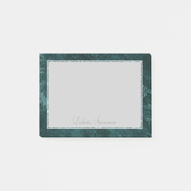 Velvety Teal Damask | Dark Green Grunge Baroque Post-it Notes (Front)