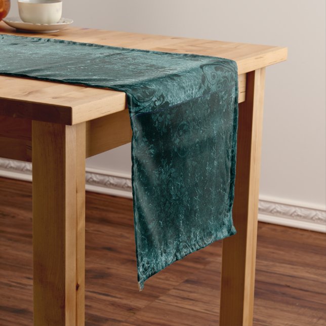 Velvety Teal Damask | Dark Green Grunge Baroque Short Table Runner (In Situ)