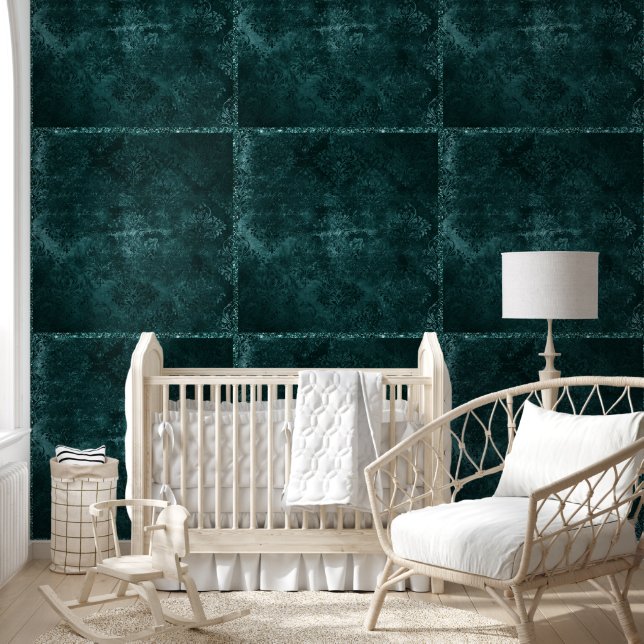 Velvety Teal Damask | Dark Green Grunge Baroque Wallpaper (Kids)