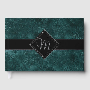 Velvety Teal Damask Dark Green Grunge Custom Guest Book