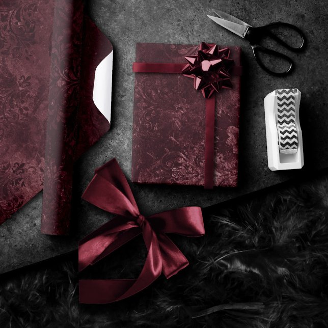 Velvety Wine Damask | Bordeaux Sangria Grunge Glam Wrapping Paper (Creator Uploaded)