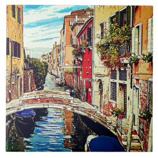 Venetian canal with houses and bridge. Italy. Tile
