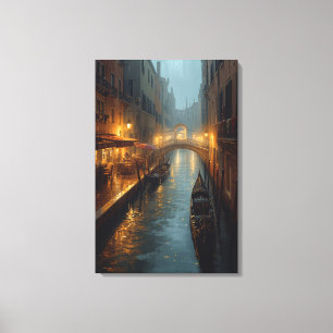 Venetian Glow – Rainy Night Lights and Reflections Canvas Print