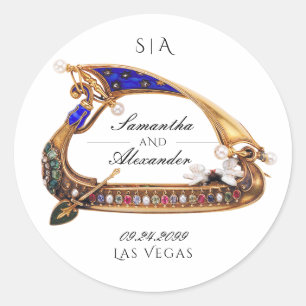 Venetian Gondola Ornate Black & White Wedding Classic Round Sticker