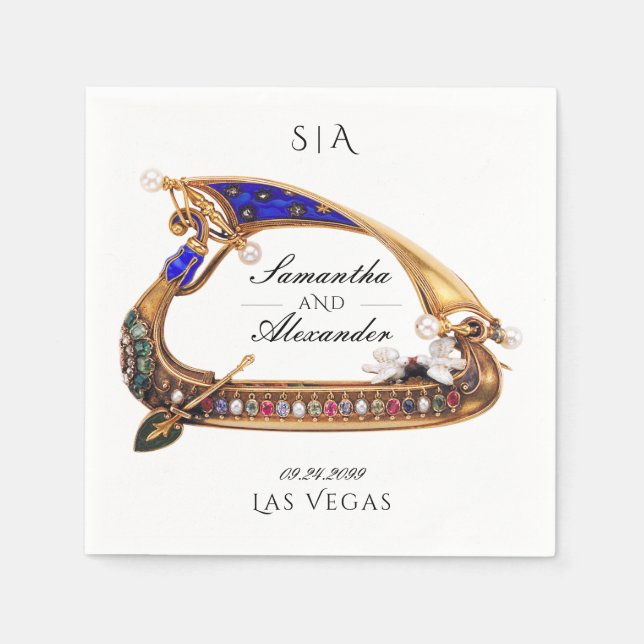 Venetian Gondola Ornate Black & White Wedding Napkin (Front)