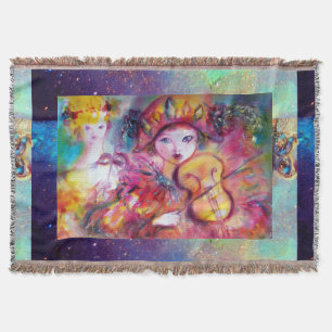 VENETIAN MASQUERADE FACES/ HARLEQUIN AND COLUMBINE THROW BLANKET