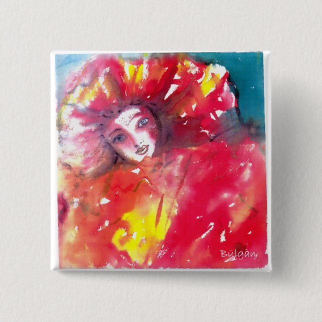 VENETIAN MASQUERADE FACES - MASK IN RED 15 CM SQUARE BADGE (Front)