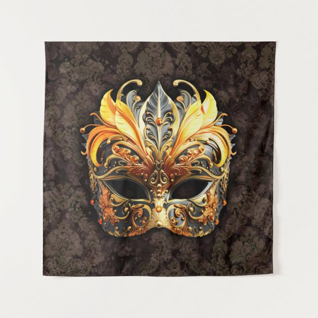 Venetian Masquerade Golden Mask Tapestry (Front)