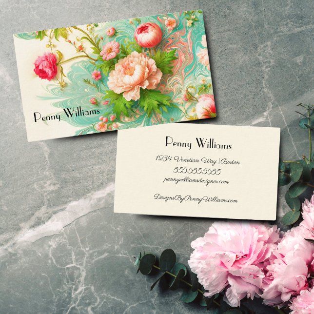 Venetian Pink Peonies With Marble Painting  Business Card (Elegant and beautiful, Perfect for designers, florists, wedding planners, photographers, etc.)