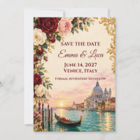 Venetian Rose Save the Date Card Burgundy Gold Ven