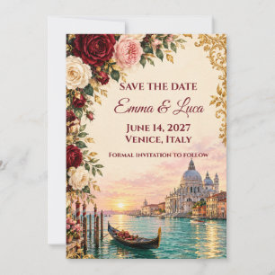 Venetian Rose Save the Date Card Burgundy Gold Ven