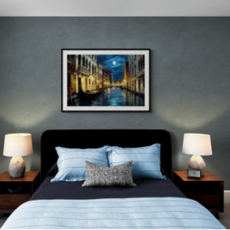 Venice canal at night, oil painting | Ai Poster