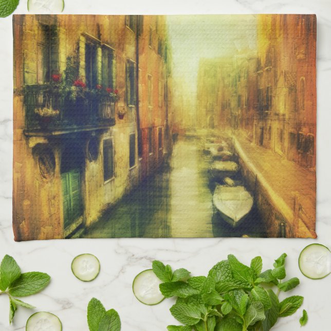 Venice Canal Balcony Painting Tea Towel (Folded)