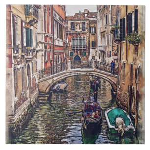 Venice canal with houses and gondola. Italy. Tile