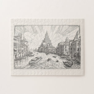 Venice Grand Canal Vintage Art Deco Pencil Sketch Jigsaw Puzzle