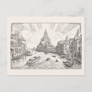 Venice Grand Canal Vintage Art Deco Pencil Sketch Postcard