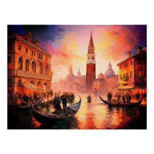 Venice in Fiery Sunset: Grand Canal & Gondolas Poster
