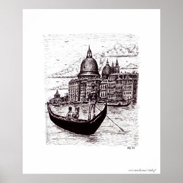 Venice Italy black and white pen ink drawing Poster (Front)