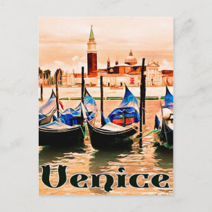 Venice, Italy, boats on city port, vintage travel Postcard