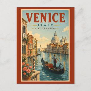 Venice Italy Canals Illustration Travel Art Retro Postcard