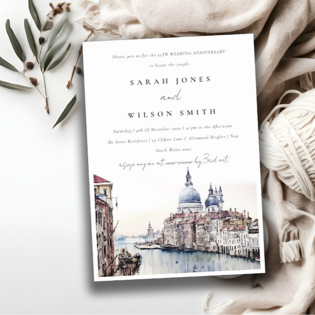 Venice Italy Canals Watercolor Wedding Anniversary Invitation (Creator Uploaded)