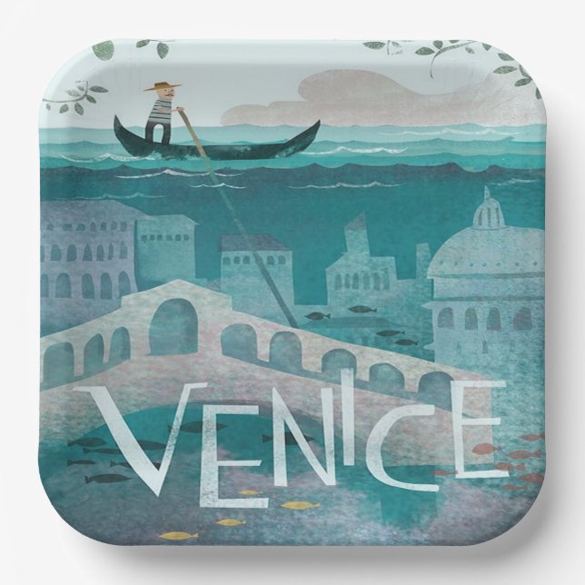 venice Italy Gondola travel vacation retro post  Paper Plate (Front)