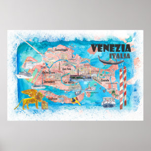 Venice Italy Illustrated Map with Main Canals Land Poster