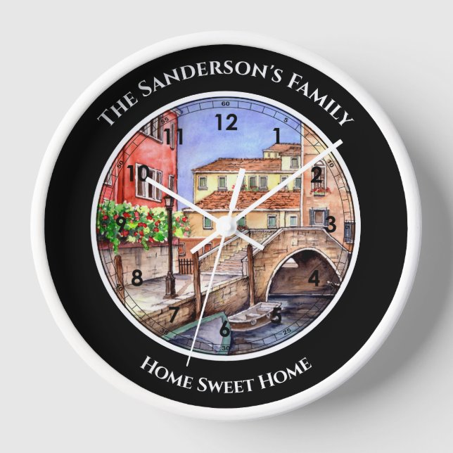 Venice Italy Pen and Wash Watercolor Painting Clock (Front)