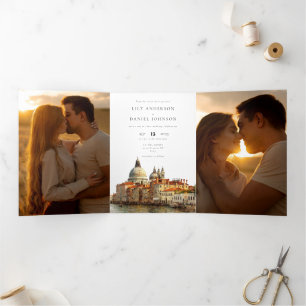 Venice Italy QR Code 3 Photo Wedding Tri-Fold Invitation