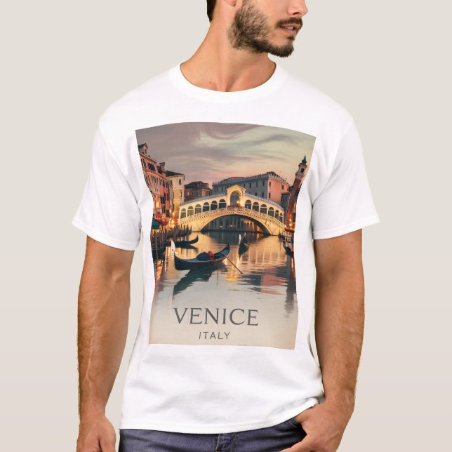 Venice Italy Vacation Canal Bridge Twilight Retro T-Shirt (Front)