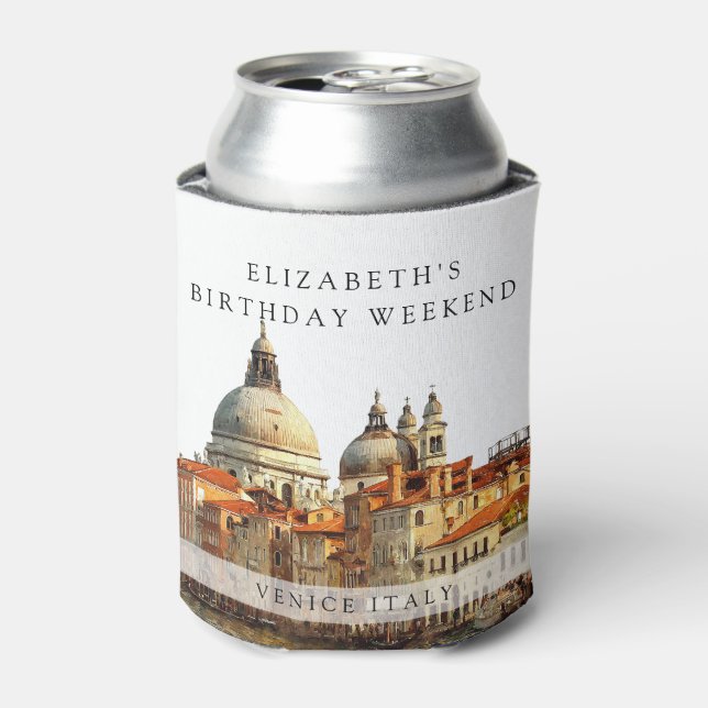Venice Skyline Watercolor Birthday Weekend Can Cooler (Can Front)