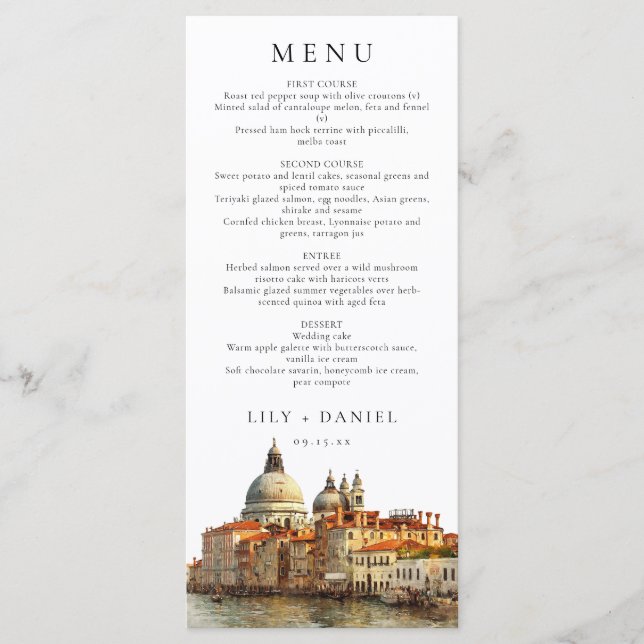 Venice Skyline Watercolor Elegant Wedding Menu (Front)