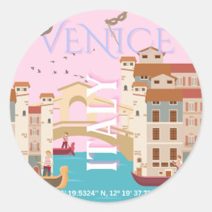 Venice Travel Art, Italy, Retro Travel Art Classic Round Sticker
