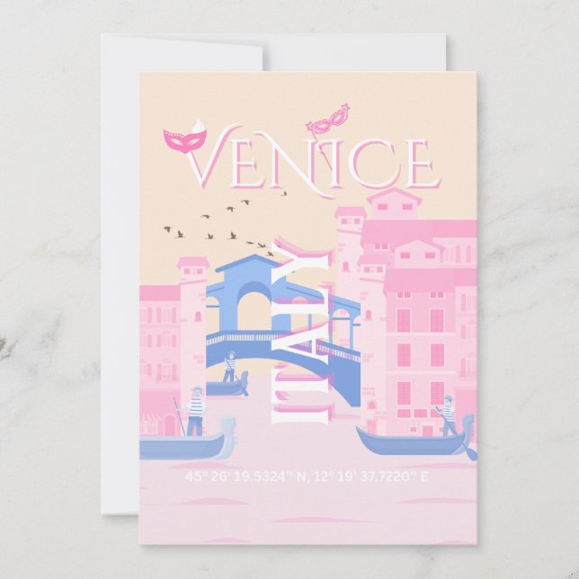 Venice Travel Art, Italy, Travel Art, Pink Holiday Card (Front)