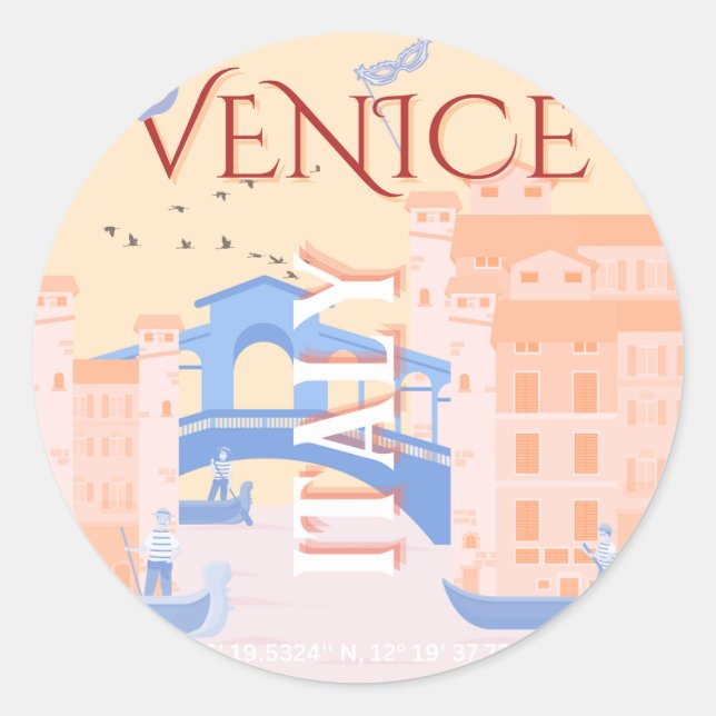 Venice Travel Art, Italy, Travel Art, Retro Classic Round Sticker (Front)
