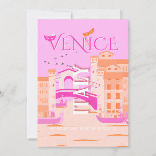 Venice Travel Art, Italy, Travel Art, Retro, Pink Holiday Card