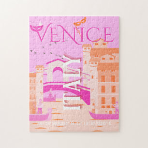 Venice Travel Art, Italy, Travel Art, Retro, Pink Jigsaw Puzzle