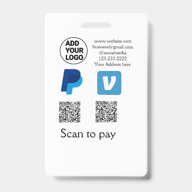 Venmo paypal scan to pay add q r code logo text na ID badge (Front)