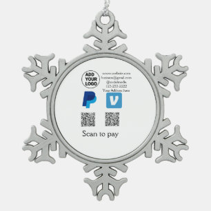 Venmo paypal scan to pay add q r code logo text na snowflake pewter christmas ornament