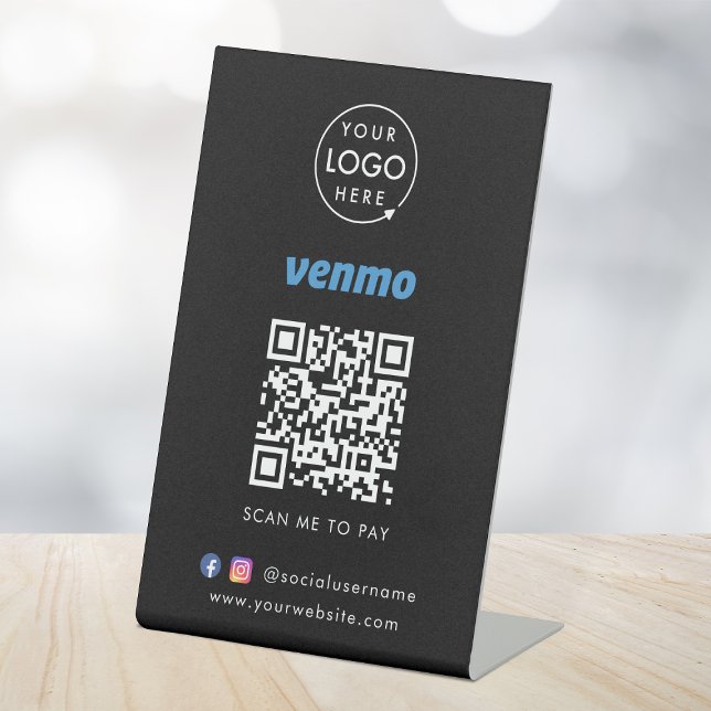 Venmo QR Code Payment | Black Scan to Pay Business Pedestal Sign (Interactive "scan to pay” QR code cash wrap table signage for collecting digital payment by Venmo.)