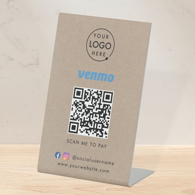 Venmo QR Code Payment | Rustic Kraft Business Logo Pedestal Sign (Creator Uploaded)